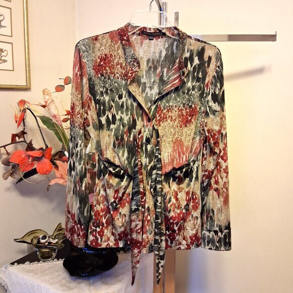 NWT Robert Kitchen Women's Burgundy Black Beige Printed Blouse Size 10 M - Picture 8 of 13